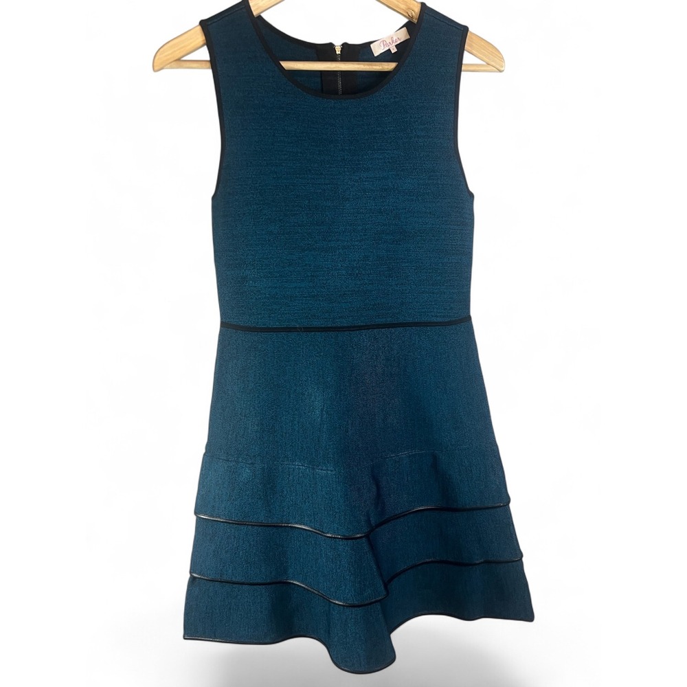 Parker Teal Blue Knit Tiered Fit Flare Dress Faux Leather Trim W8IMTD10 Small